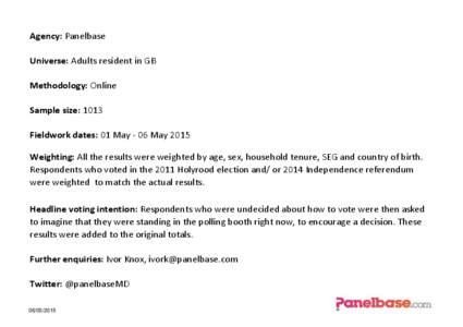 Agency: Panelbase Universe: Adults resident in GB Methodology: Online Sample size: 1013 Fieldwork dates: 01 May - 06 May 2015 Weighting: All the results were weighted by age, sex, household tenure, SEG and country of bir
