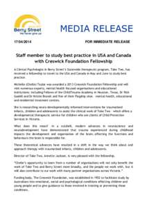 MEDIA RELEASEFOR IMMEDIATE RELEASE  Staff member to study best practice in USA and Canada