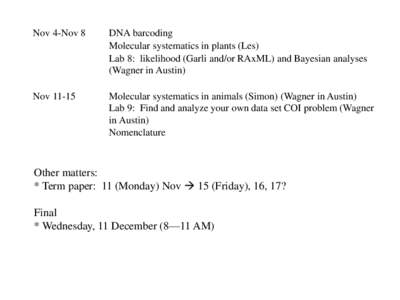 Nov 4-Nov 8  DNA barcoding Molecular systematics in plants (Les) Lab 8: likelihood (Garli and/or RAxML) and Bayesian analyses (Wagner in Austin)