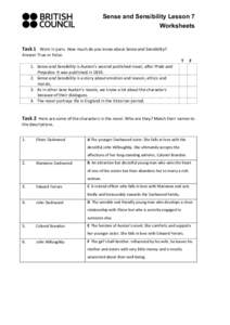 Sense and Sensibility Lesson 7 Worksheets 	
   Task	
  1	
  	
  	
  Work	
  in	
  pairs.	
  How	
  much	
  do	
  you	
  know	
  about	
  Sense	
  and	
  Sensibility?	
  	
   Answer	
  True	
  or	
  F