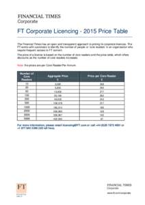 FT Corporate LicencingPrice Table The Financial Times has an open and transparent approach to pricing its corporate licences. The FT works with customers to identify the number of people or ‘core readers’ in 