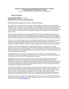 Cazenovia Area Community Development Association, Inc. (CACDA) 7 Nickerson Street • Cazenovia, NYTel: ( • Fax: ( • www.cacda.net MEDIA ADVISORY For Immediate Release – 