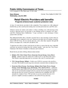 Public Utility Commission of Texas 1701 N. Congress, P.O. Box 13326, Austin, TX[removed]Contact: Terry Hadley[removed]News Release