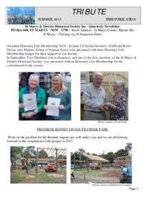 TRIBUTE SUMMER, 2015 FREE PUBLICATION  St Marys & District Historical Society Inc - Quarterly Newsletter