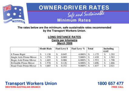 OWNER-DRIVER RATES Minimum Rates The rates below are the minimum, safe sustainable rates recommended by the Transport Workers Union. LONG DISTANCE RATES Cents per kilometre