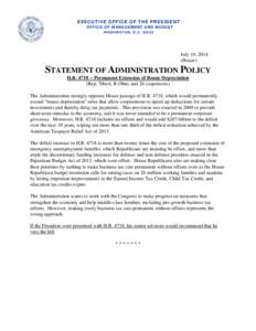 Statement of Administration Policy on H.R[removed]Permanent Extension of Bonus Depreciation