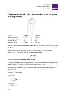 Alber GmbH Vor dem Weißen SteinAlbstadt Data sheet of the e-fix E35/E36 lithium ion battery in terms of transportation