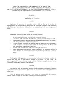 ORDER OF THE MINISTER FOR AGRICULTURE OF 24 JUNE 2000 ESTABLISHING THE LIST OF PLANTS ELIGIBLE FOR PROTECTION, THE DATA AND METHOD OF ENTRY OF APPLICATIONS AND NEW PLANT VARIETY CERTIFICATES IN THE NATIONAL LIST OF NEW P