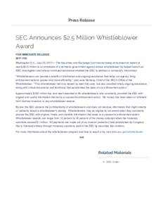 Press Release  SEC Announces $2.5 Million Whistleblower Award FOR IMMEDIATE RELEASE