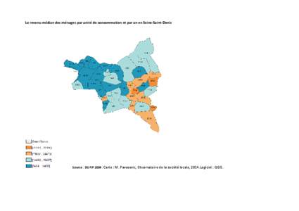 Le revenu médian des ménages par unité de consommation et par an en Seine-Saint-Denis  Source : DGFIPCarte : M. Pavasovic, Observatoire de la société locale, 2014.Logiciel : QGIS. 