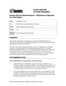STAFF REPORT ACTION REQUIRED Sewers By-law Administration – Response to Request for Information Date: