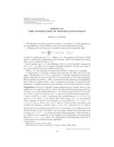 BULLETIN (New Series) OF THE AMERICAN MATHEMATICAL SOCIETY Volume 46, Number 4, October 2009, Pages 703–704 S[removed][removed]Article electronically published on July 21, 2009