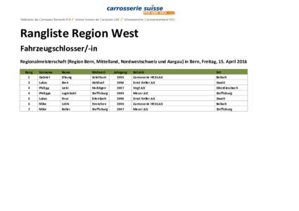 Rangliste Region West Fahrzeugschlosser/-in Regionalmeisterschaft (Region Bern, Mittelland, Nordwestschweiz und Aargau) in Bern, Freitag, 15. April 2016 Rang 1