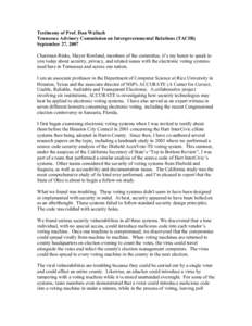 Testimony of Prof. Dan Wallach Tennessee Advisory Commission on Intergovernmental Relations (TACIR) September 27, 2007 Chairman Rinks, Mayor Rowland, members of the committee, it’s my honor to speak to you today about 