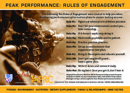 PE AK PERFORMANCE: RULES OF ENGAGEMENT The following Ten Rules of Engagement were created to help you when developing performance optimization plans to ensure lasting success. Rule #1: 	 Figure out where you’re at befo
