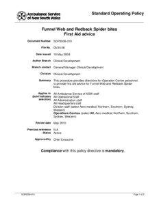 Standard Operating Policy  Funnel Web and Redback Spider bites