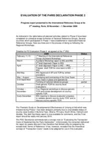 EVALUATION OF THE PARIS DECLARATION PHASE 2 Progress report presented to the International Reference Group at its 2nd meeting, Paris, 30 November – 1 December 2009 As indicated in the table below all planned activities