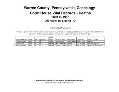 Warren County, Pennsylvania, Genealogy Court House Vital Records - Deaths 1893 to 1905 Alphabetical Listing - Q Contributed by Mary Anderson There is a great deal of information for each entry, consequently it is unavoid