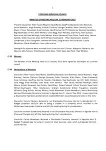 1 COPELAND BOROUGH COUNCIL MINUTES OF MEETING HELD ON 21 FEBRUARY 2013 Present: Councillors Peter Tyson (Mayor); David Banks; Geoffrey Blackwell; John Bowman; Jackie Bowman; Hugh Branney; Yvonne Clarkson; George Clements