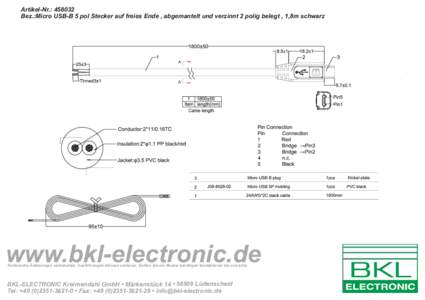 Artikel-Nr.: Bez.:Micro USB-B 5 pol Stecker auf freies Ende , abgemantelt und verzinnt 2 polig belegt , 1,8m schwarz www.bkl-electronic.de Technische Änderungen vorbehalten. Ausführungen können variieren. Sollt