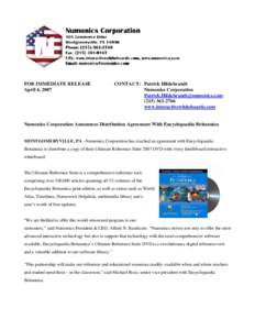 FOR IMMEDIATE RELEASE April 4, 2007 CONTACT: Patrick Hildebrandt Numonics Corporation 