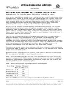 BUILDING SOIL ORGANIC MATTER WITH COVER CROPS Regina Prunty, VCE Extension Agent, Horticulture, King George County When growing vegetables and specialty crops, a soil high in organic matter is very desirable. When examin