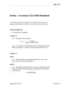 Page 1 of 6  Errata — to version 2.0 of DOE Handbook Corrections added since the previous printed errata sheet was prepared (December 12, 1995) are marked with a vertical line.