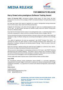 MEDIA RELEASE FOR IMMEDIATE RELEASE Harry Sneed wins prestigious Software Testing Award