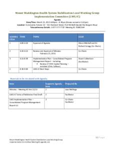 Mount Waddington Health System Stabilization Local Working Group Implementation Committee (LWG-IC) Agenda Date/Time: March 25, 2013 6:00pm – 8:30pm (Dinner served at 5:45pm) Location: Community Futures 14 – 311 Hemlo