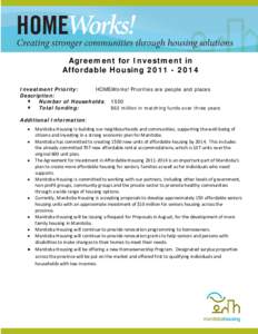 Agreement for Investment in Affordable Housing[removed]Investment Priority: HOMEWorks! Priorities are people and places Description:  Number of Households: 1500