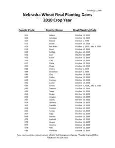 October 23, 2009  Nebraska Wheat Final Planting Dates 2010 Crop Year County Code 001