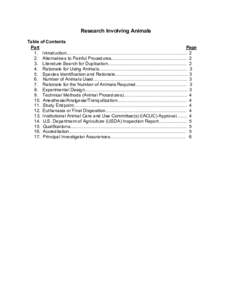 Research Involving Animals Table of Contents Part Page 1. Introduction……………………………………………………………….….… 2 2. Alternatives to Painful Procedures…………………………