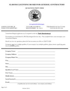 ALABAMA LICENSING BOARD FOR GENERAL CONTRACTORS QUALIFYING PARTY FORM www.genconbd.alabama.gov JOSEPH C.ROGERS, JR. EXECUTIVE SECRETARY