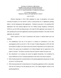 Summary of Testimony of Bill Cooper, President of the Center for Liquefied Natural Gas, before the Subcommittee on Energy and Power of the U. S. House Committee on Energy and Commerce “U.S. Energy Abundance: Regulatory