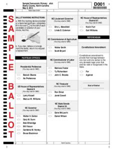 Sample Democratic Primary Ballot Stanly County, North Carolina May 8, 2012 A  Ballot Style D0001