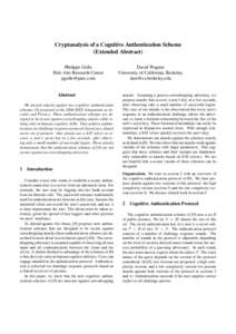 Cryptanalysis of a Cognitive Authentication Scheme (Extended Abstract) Philippe Golle Palo Alto Research Center [removed]