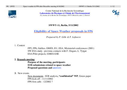 PG LPCE  Space weather & FP6 after Bruxelles meetingSWWT-11 Berlin