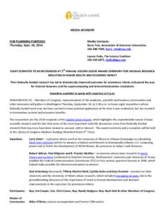 MEDIA ADVISORY FOR PLANNING PURPOSES Thursday, Sept. 18, 2014 Media Contacts: Barry Toiv, Association of American Universities