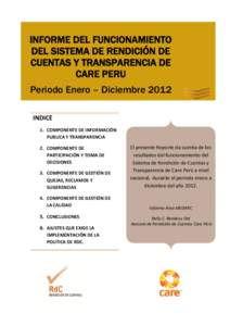 INFORME DEL FUNCIONAMIENTO DEL SISTEMA DE RENDICIÓN DE CUENTAS Y TRANSPARENCIA DE CARE PERU Periodo Enero – Diciembre 2012 INDICE