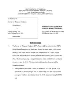 Administrative Complaint For Civil Money Penalties FDA Docket No. FDA-2015-H-# CRD Docket No. C-15-#