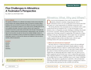 Special Section  Five Challenges in Altmetrics: A Toolmaker’s Perspective  Bulletin of the Association for Information Science and Technology – April/May 2013 – Volume 39, Number 4