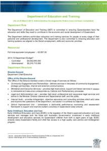 Department of Education and Training (As at 25 March 2015, Administrative Arrangements Orders have not been completed) Department Role The Department of Education and Training (DET) is committed to ensuring Queenslanders