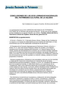 CONCLUSIONES DE LAS XXVII JORNADAS NACIONALES DEL PATRIMONIO CULTURAL DE LA IGLESIA San Cristóbal de La Laguna (Tenerife), de Junio de 2007