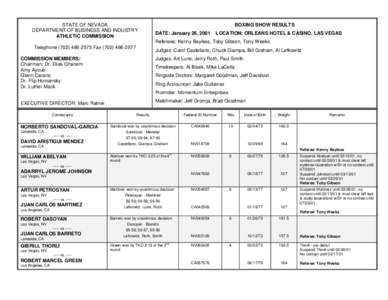 STATE OF NEVADA DEPARTMENT OF BUSINESS AND INDUSTRY ATHLETIC COMMISSION BOXING SHOW RESULTS DATE: January 26, 2001