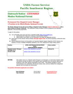 USDA Forest Service Pacific Southwest Region _ _ _ _ _ _ _ _ _ _ _ _ _ __ _ _ _ _ _ _ _ _ _ _ _ _ __ _ _ Outreach Notice - EXTENDED Modoc National Forest