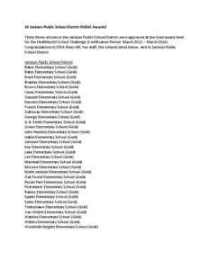 33 Jackson Public School District HUSSC Awards! Thirty-three schools in the Jackson Public School District were approved at the Gold award level for the HealthierUS School Challenge (Certification Period: March 2012 – 