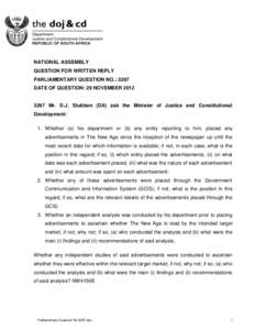 NATIONAL ASSEMBLY QUESTION FOR WRITTEN REPLY PARLIAMENTARY QUESTION NO.: 3267 DATE OF QUESTION: 29 NOVEMBER[removed]Mr. D.J. Stubben (DA) ask the Minister of Justice and Constitutional