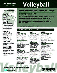Volleyball 2015 DATES Girl’s Resident and Commuter Camps  July 11