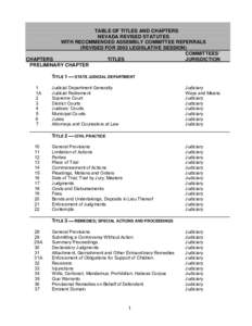 TABLE OF TITLES AND CHAPTERS NEVADA REVISED STATUTES WITH RECOMMENDED ASSEMBLY COMMITTEE REFERRALS (REVISED FOR 2003 LEGISLATIVE SESSION) COMMITTEES’ CHAPTERS