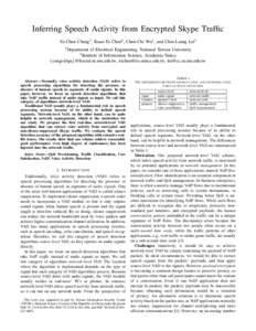 Inferring Speech Activity from Encrypted Skype Traffic Yu-Chun Chang1 , Kuan-Ta Chen2 , Chen-Chi Wu1 , and Chin-Laung Lei1 1 Department of Electrical Engineering, National Taiwan University of Information Science, Academ